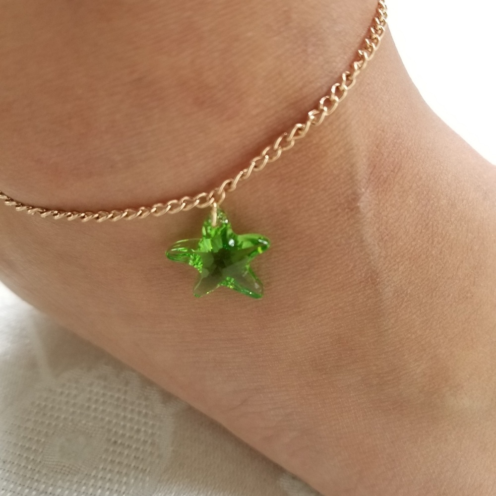 Gold chained anklet w/green Swarovski crystal
